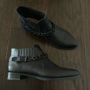 Joe’s Jeans Black Leather Chelsea Ankle Bootie, Pointed Toe, Chain Detail, 7.5